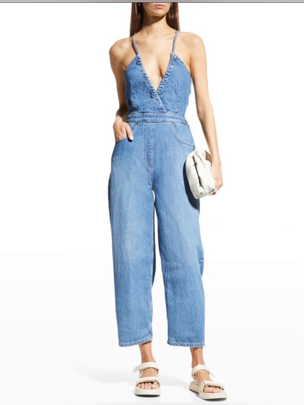 Ética Birdie Chambray Halter Straight-Leg Jumpsuit – Open Back Blue